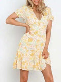 Ruffled Hem Printed Short Sleeve Mini Dress - Trendsi - Flyclothing LLC