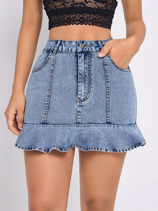 Ruffled Hem Denim Mini Skirt - Trendsi - Flyclothing LLC