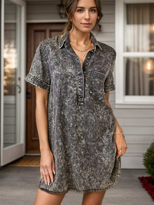 Pocketed Collared Neck Short Sleeve Denim Dress - Trendsi - Flyclothing LLC