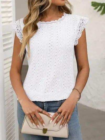 Lace Detail Round Neck Cap Sleeve Top - Trendsi - Flyclothing LLC