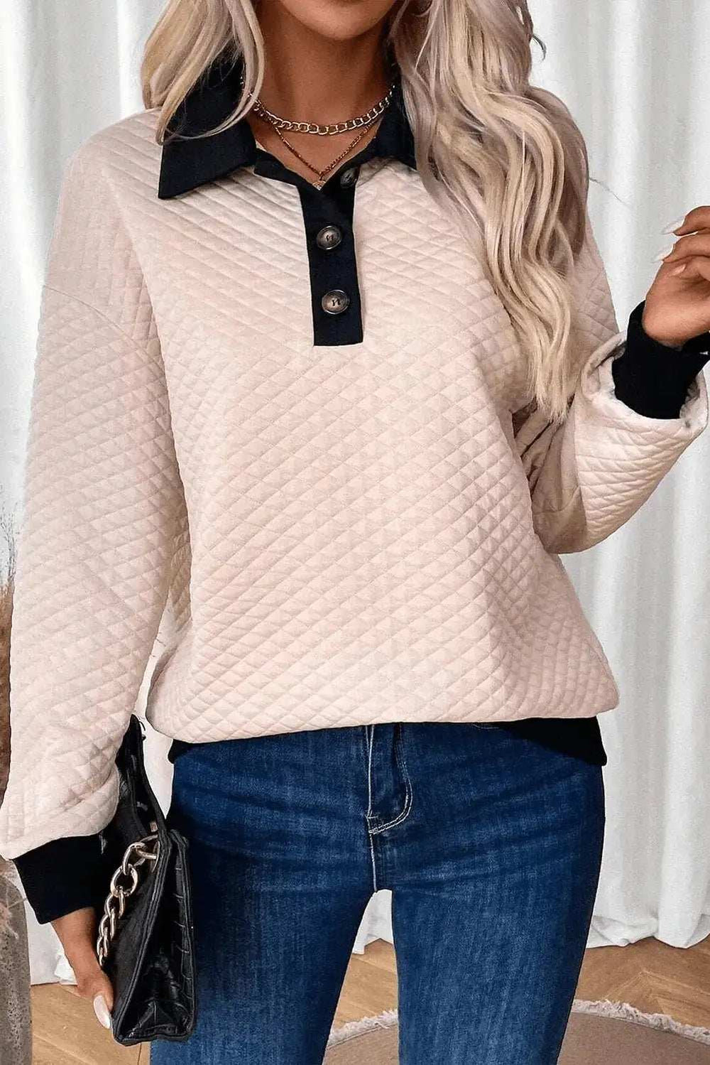 Textured Collared Neck Long Sleeve Top - Trendsi - Flyclothing LLC