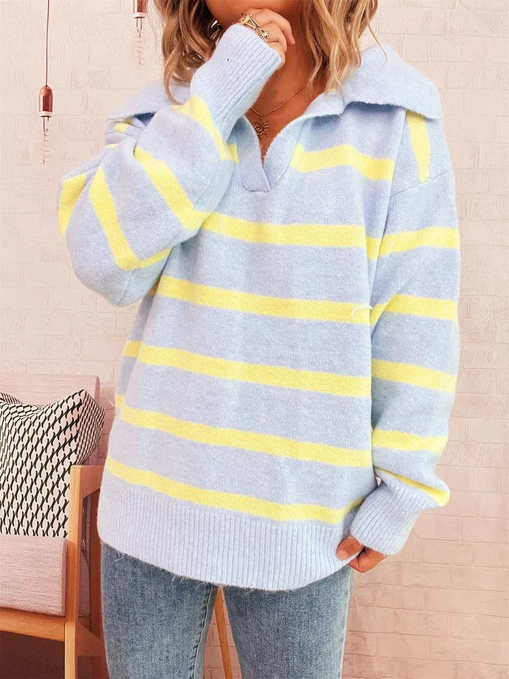 Striped Dropped Shoulder Sweater - Trendsi - Flyclothing LLC