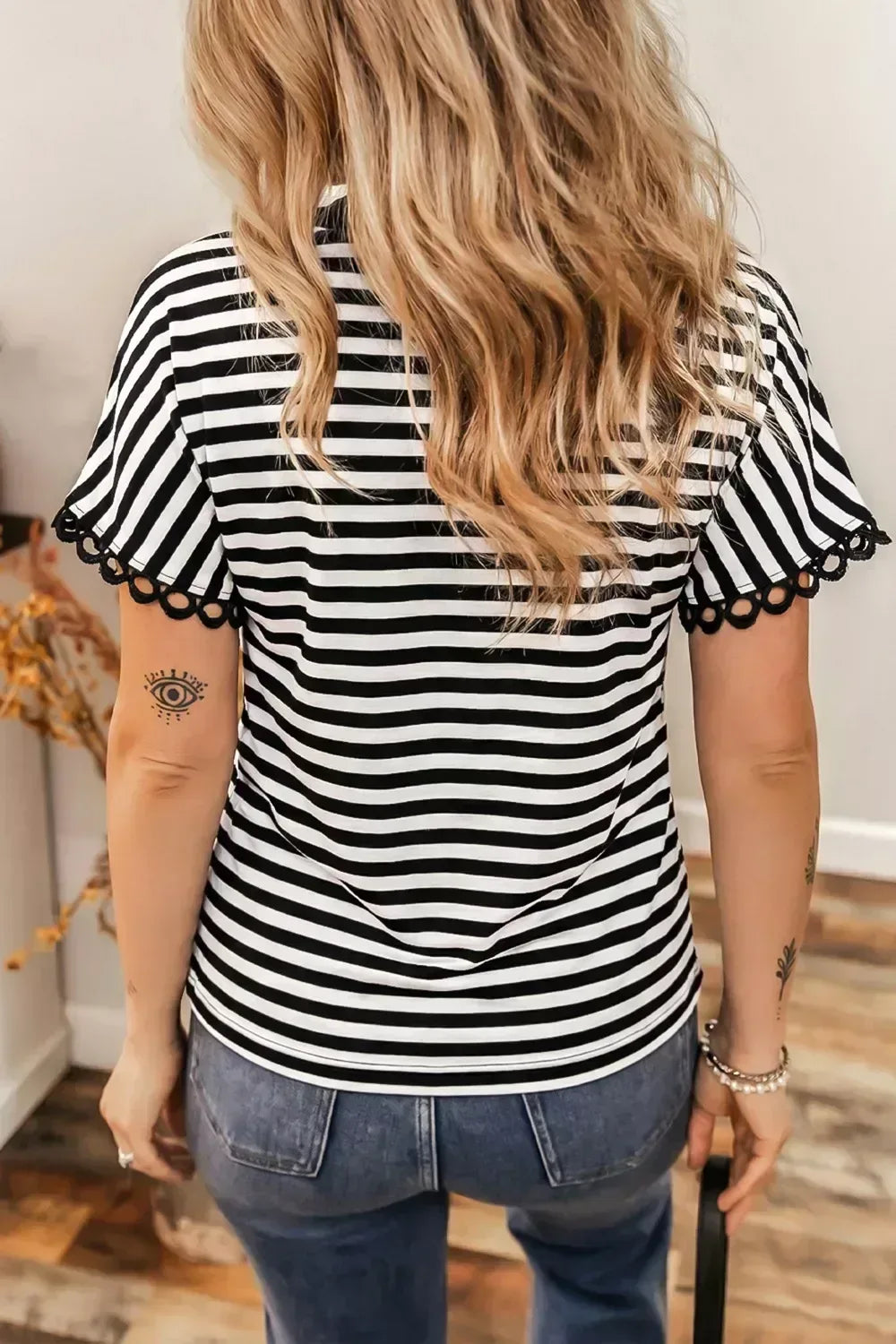 Striped Print V Neck Delicate Trim Casual Tee - Trendsi - Flyclothing LLC