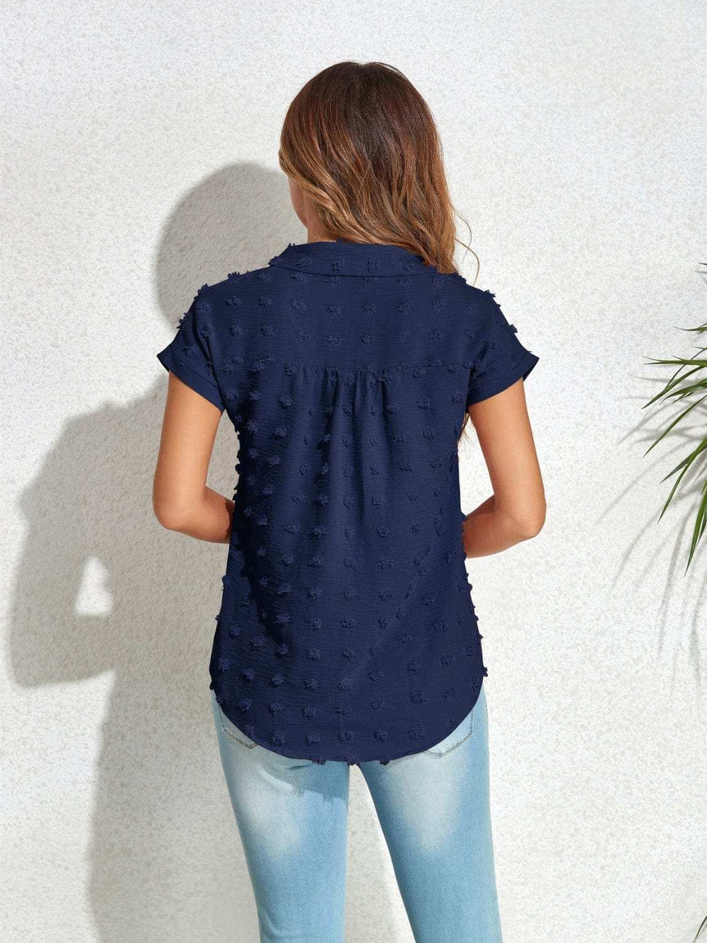 Swiss Dot Button Up Cap Sleeve Shirt - Trendsi - Flyclothing LLC