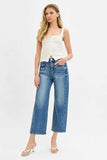 RISEN High Rise Crop Length Barrel Adjustable Waist Band Jeans - Trendsi - Flyclothing LLC