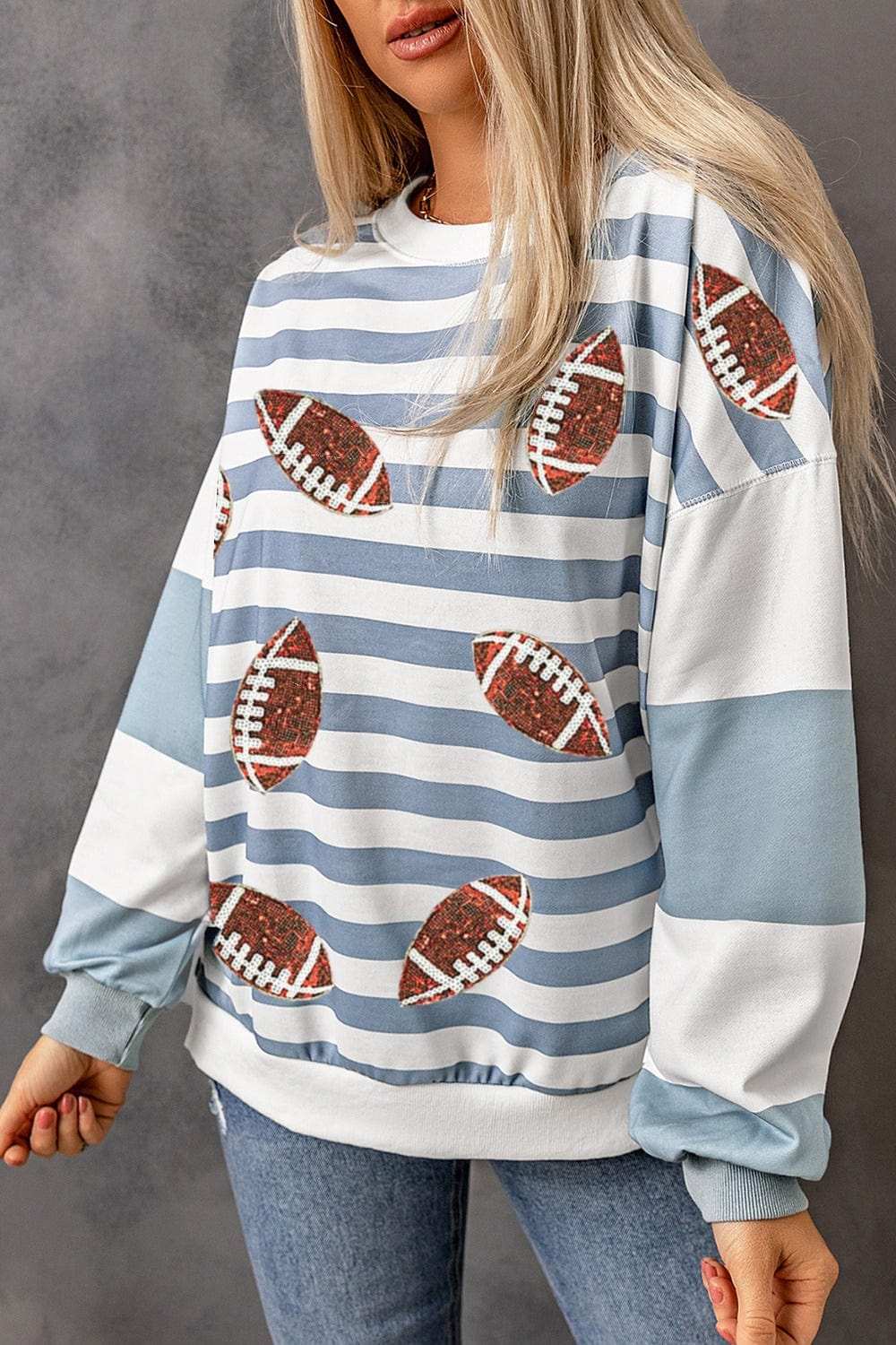 Football Striped Round Neck Long Sleeve Sweatshirt - Trendsi - Flyclothing LLC