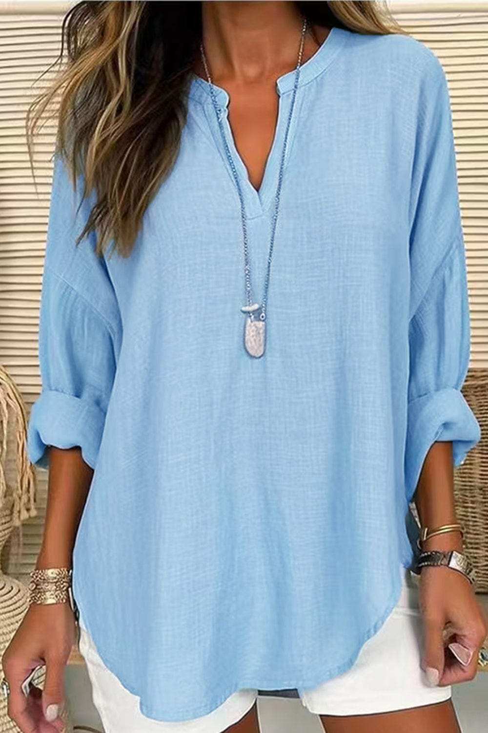 Solid Color Notched Long Sleeve Blouse - Trendsi - Flyclothing LLC