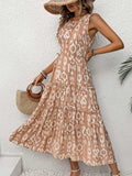 Frill Cutout Printed Round Neck Sleeveless Dress - Trendsi - Flyclothing LLC