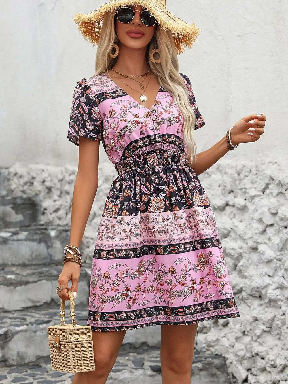 Printed V-Neck Short Sleeve Mini Dress - Trendsi - Flyclothing LLC