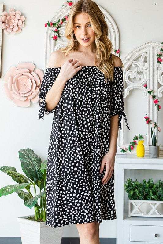 Heimish Full Size Short Sleeve Off Shoulder Animal Mini Dress Plus Size - Trendsi - Flyclothing LLC