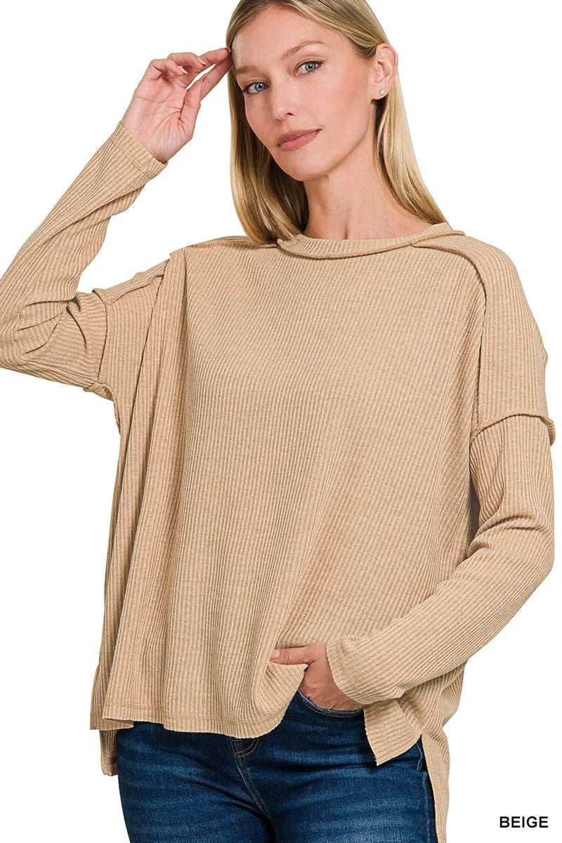 Zenana Ribbed Drop Shoulder Round Neck Sweater - Trendsi - Flyclothing LLC
