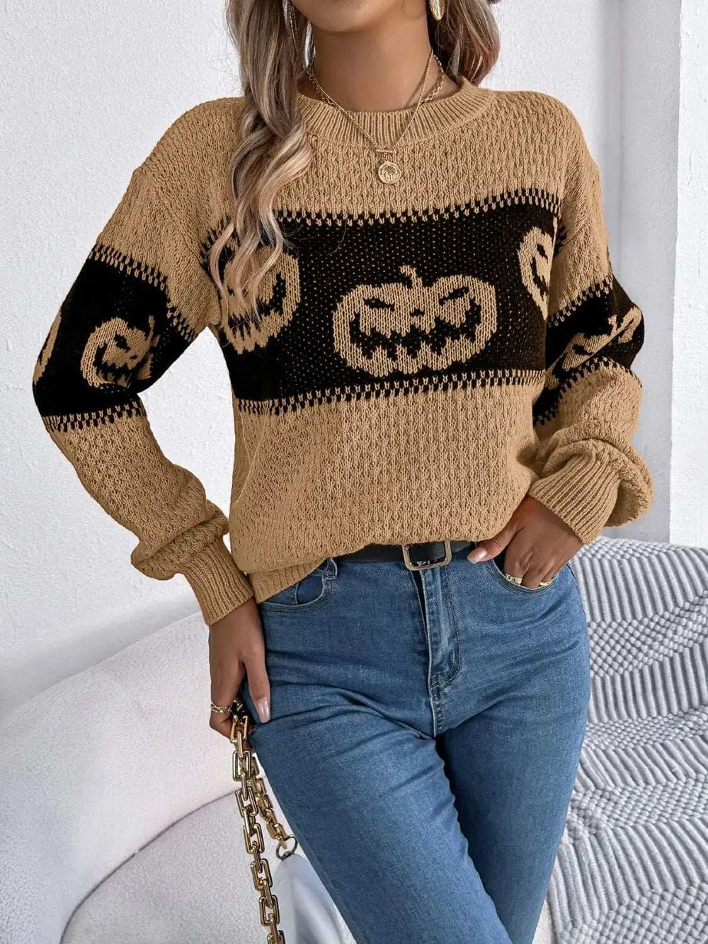Pumpkin Round Neck Long Sleeve Sweater - Trendsi - Flyclothing LLC