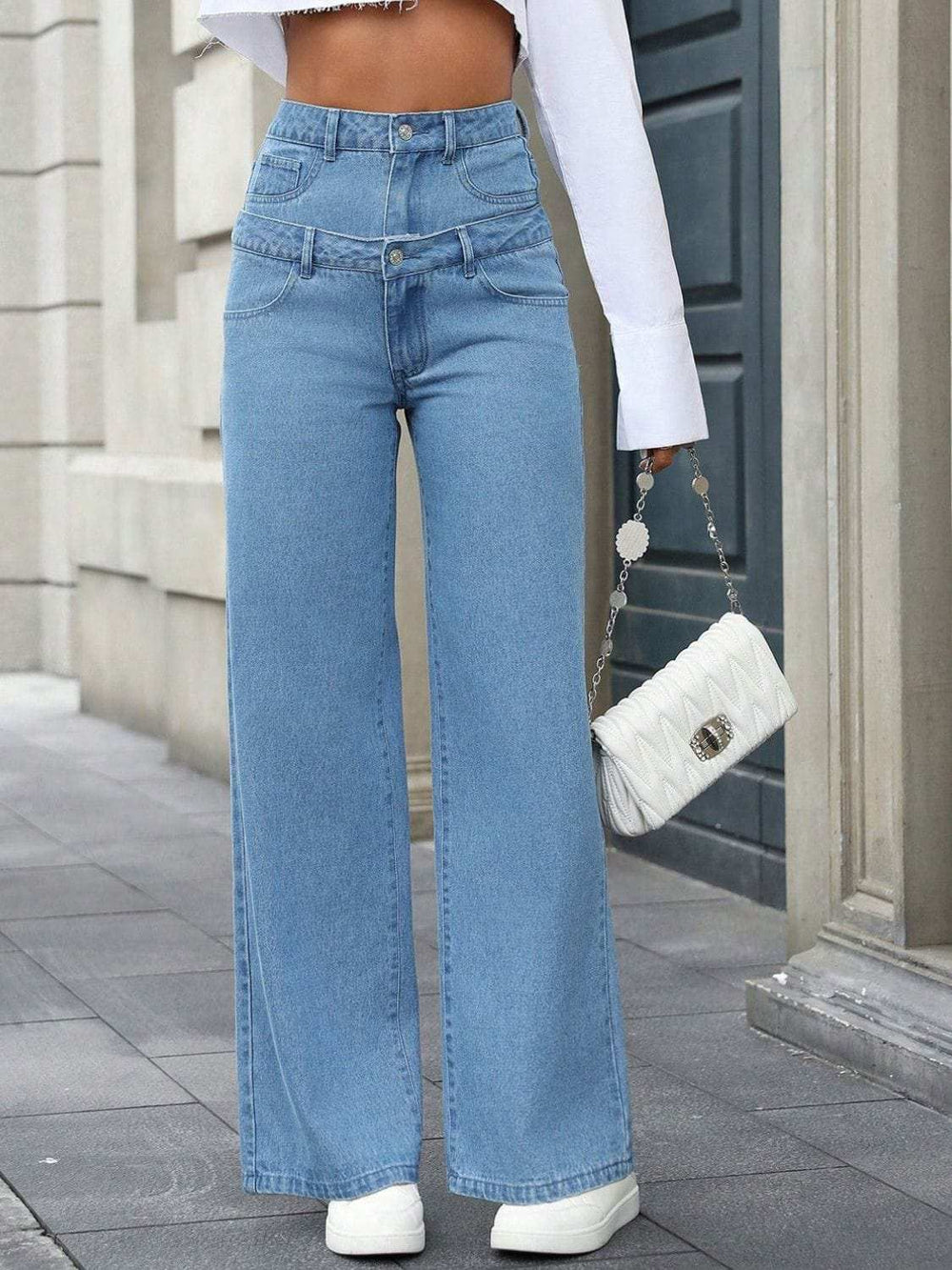 Faux Layered High Waist Jeans - Trendsi - Flyclothing LLC