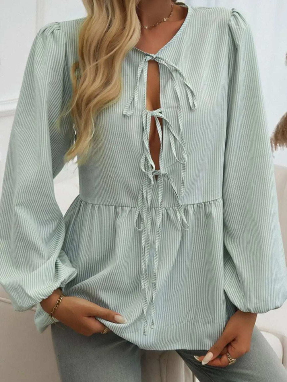 Devine Tied Striped Long Sleeve Blouse - Trendsi - Flyclothing LLC