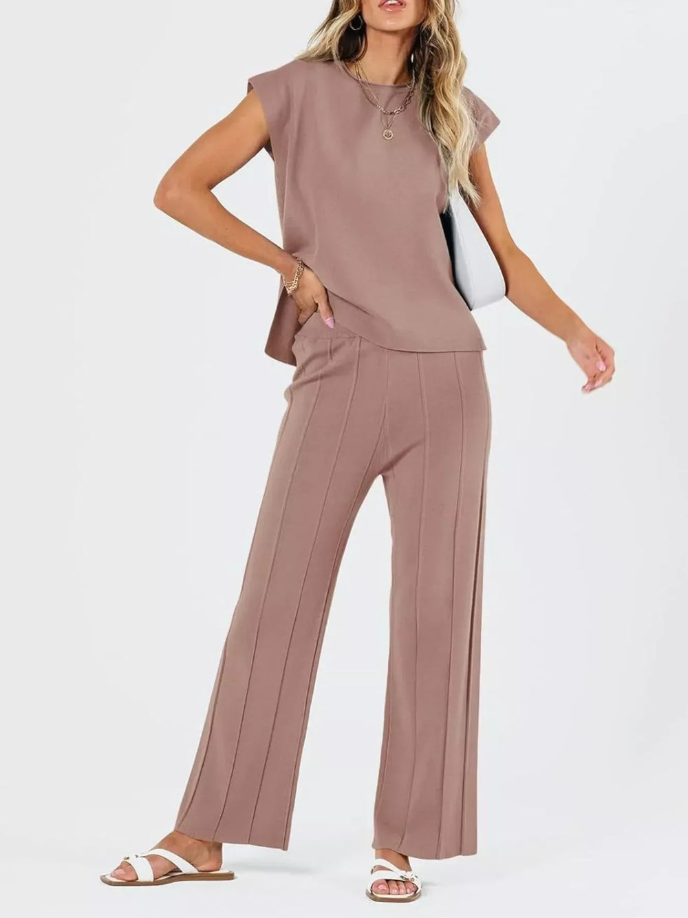 Casual Solid Color Cap Sleeve Top and Pants Knit Set - Trendsi - Flyclothing LLC