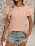 Eyelet Round Neck Double Layered Ruffled Short Sleeve Top - Trendsi - Flyclothing LLC