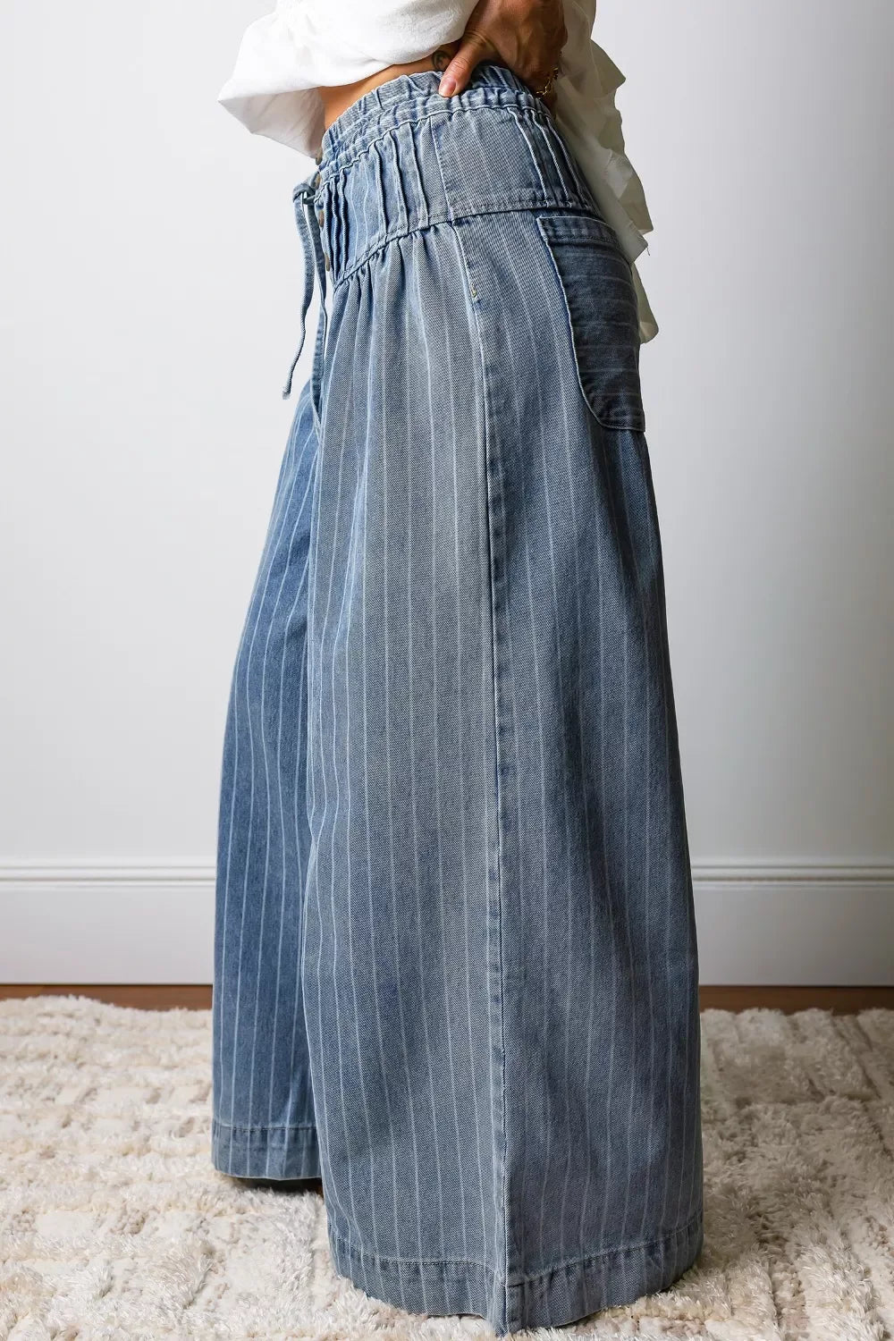 Stripe Button Pleated Drawstring Waist Casual Wide Leg Jeans - Trendsi - Flyclothing LLC
