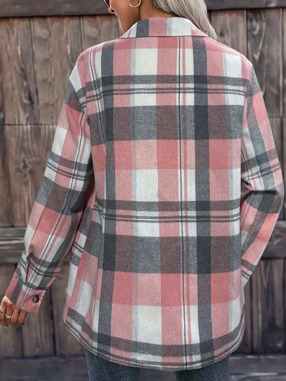 Pocketed Plaid Collared Neck Shacket - Trendsi - Flyclothing LLC