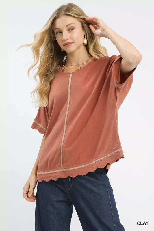 Umgee Linen Blend Scallop Trim Top - Trendsi - Flyclothing LLC