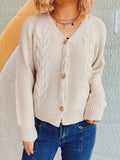 Cable-Knit V-Neck Button Down Long Sleeve Cardigan - Trendsi - Flyclothing LLC