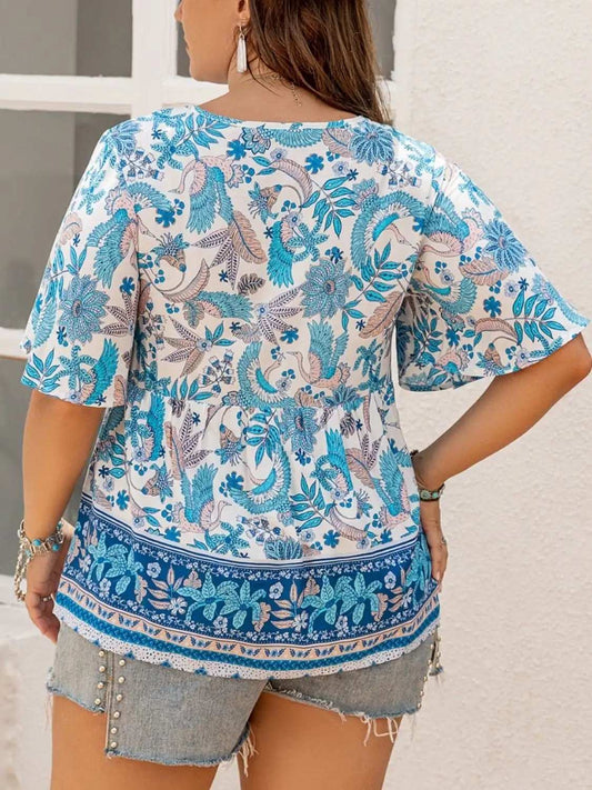 Plus Size Printed V-Neck Half Sleeve Blouse - Trendsi - Flyclothing LLC