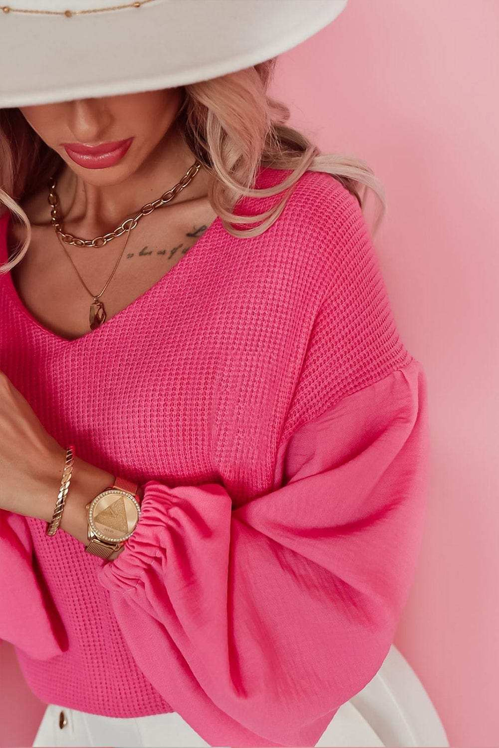 Waffle-Knit V-Neck Long Sleeve Blouse - Trendsi - Flyclothing LLC