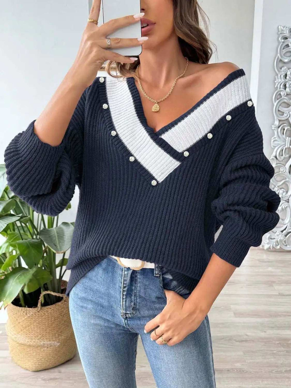 Contrast Trim Dropped Shoulder Long Sleeve Sweater - Trendsi - Flyclothing LLC