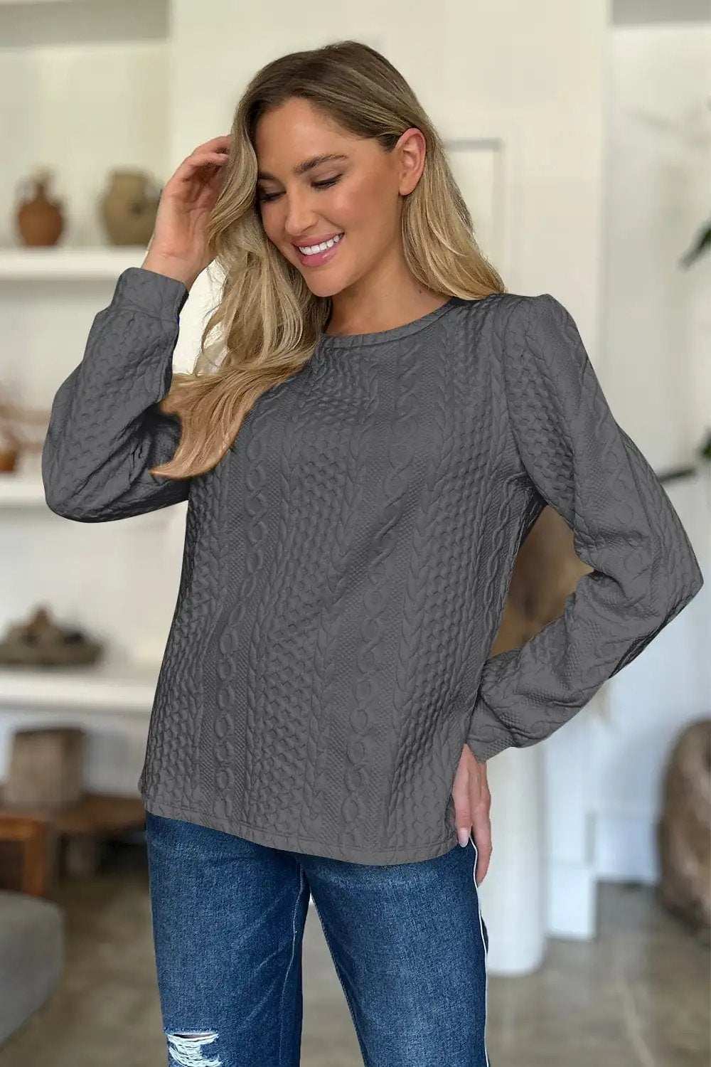 Textured Round Neck Long Sleeve Sweatshirt - Trendsi - Flyclothing LLC