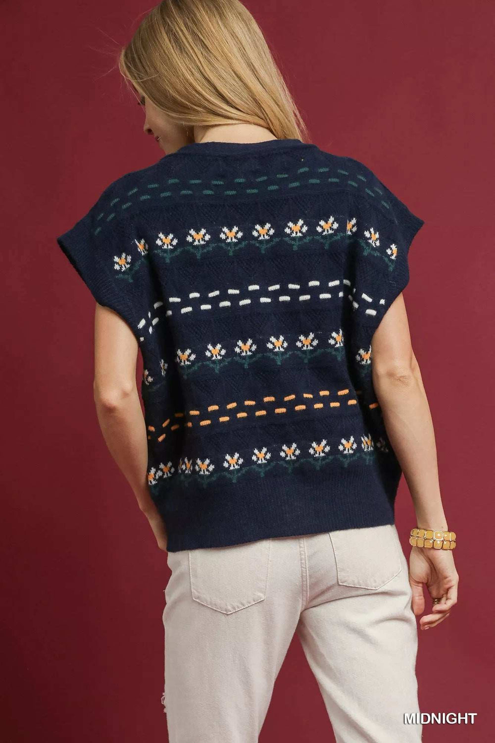 Umgee Button-Down Knit Vest with Floral Pattern - Trendsi - Flyclothing LLC