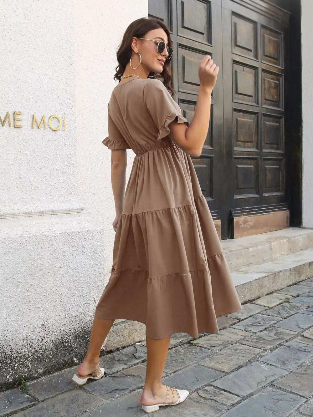 V-Neck Short Sleeve Midi Dress - Trendsi - Flyclothing LLC
