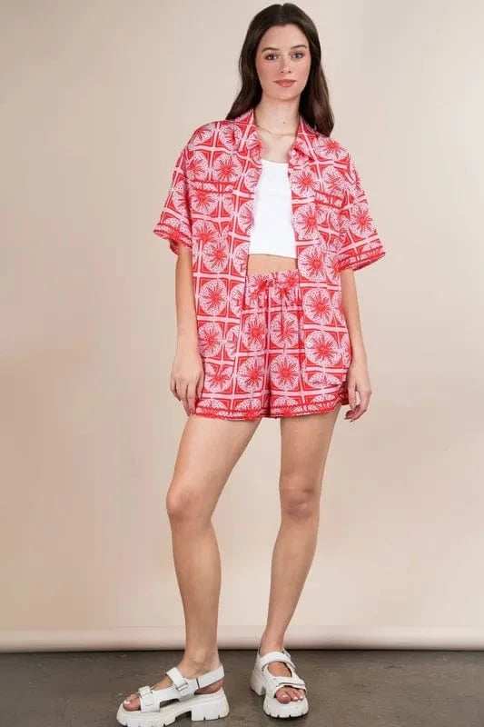 VERY J Full Size Tropical Printed Shirt Top and Shorts Set Plus Size - Trendsi - Flyclothing LLC