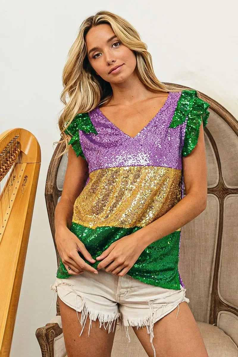 BiBi Mardi Gras Sequin Color Block Ruffled Top - Trendsi - Flyclothing LLC