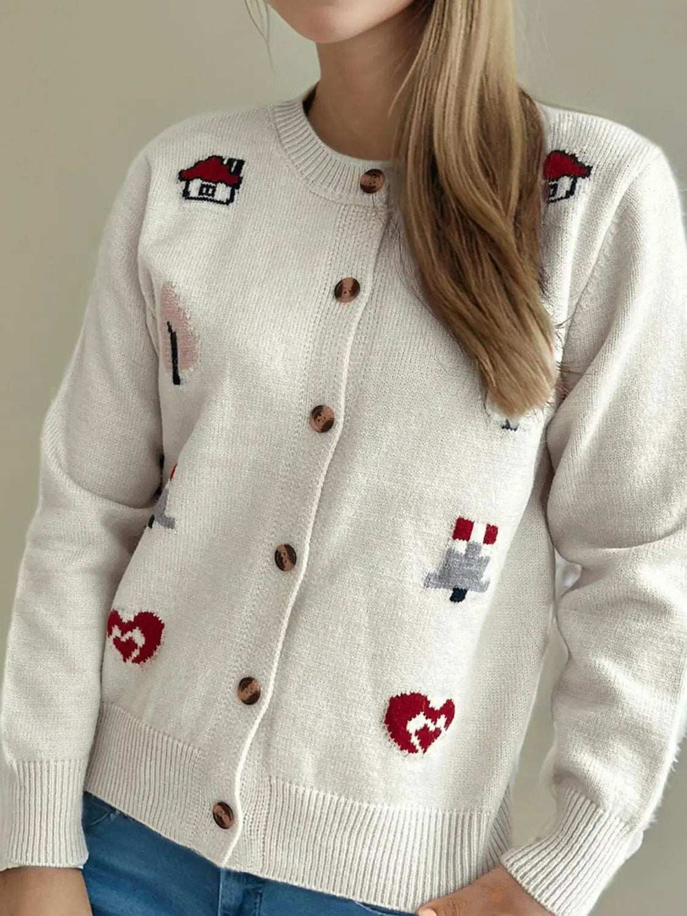 Button Up Round Neck Long Sleeve Cardigan - Trendsi - Flyclothing LLC