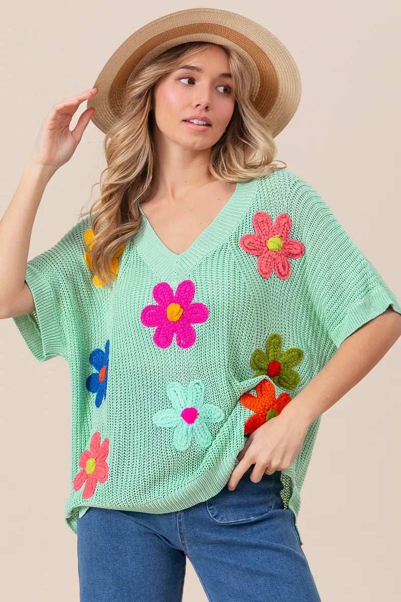 BiBi Flower Patches Dolman Sleeve Lightweight Sweater - Trendsi - Flyclothing LLC