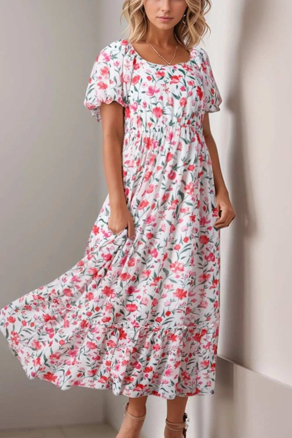 Floral Short Puff Sleeve Tiered Dress - Trendsi - Flyclothing LLC