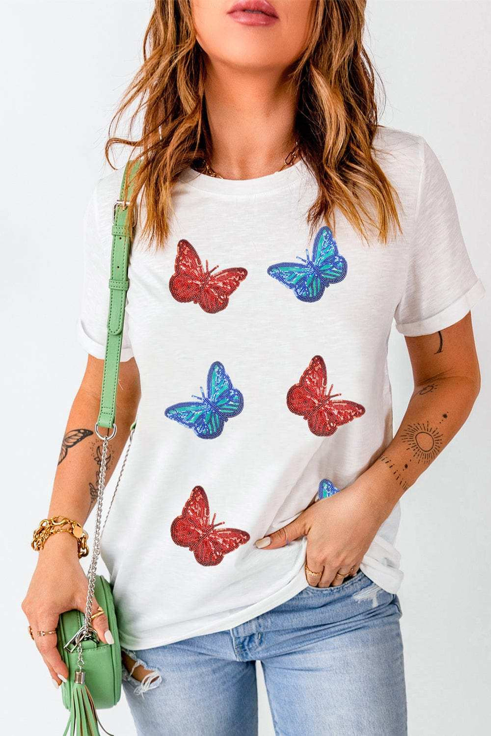 Sequin Butterfly Round Neck Short Sleeve T-Shirt - Trendsi - Flyclothing LLC