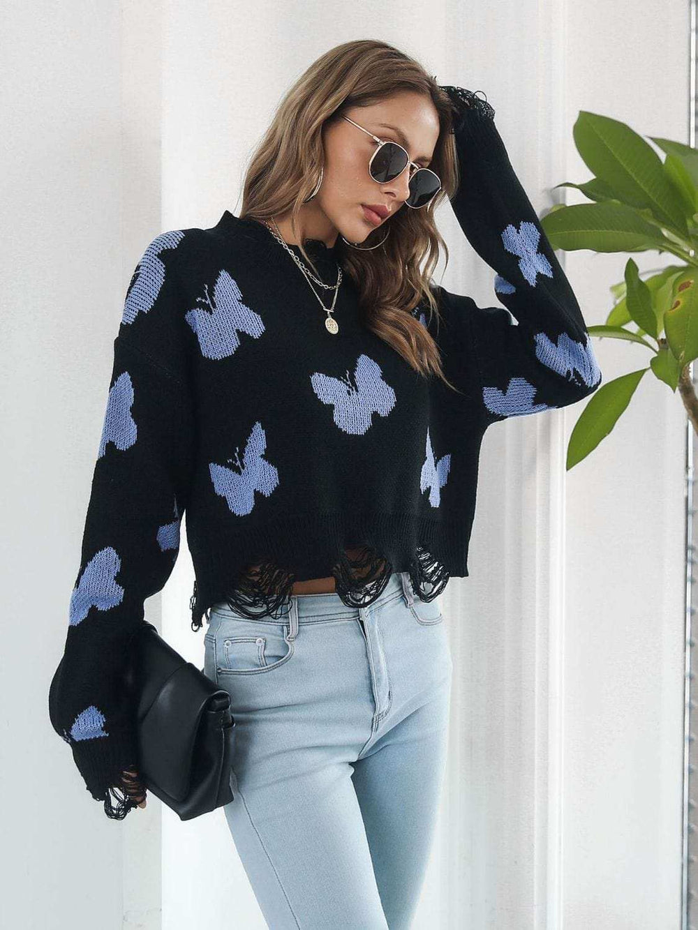Distressed Butterfly Cropped Sweater - Trendsi - Flyclothing LLC