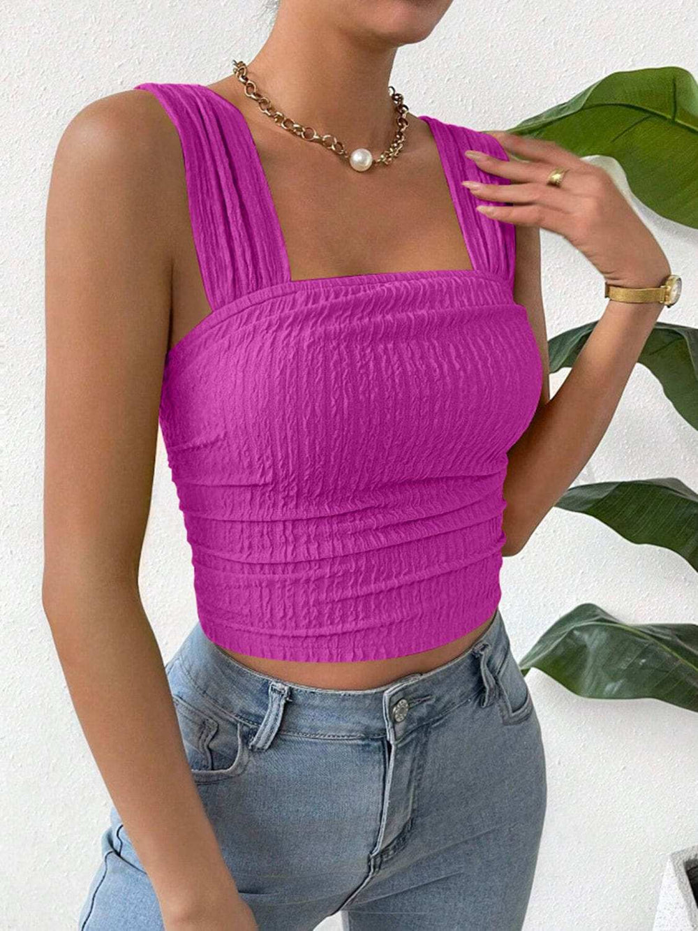 Textured Square Neck Wide Strap Tank - Trendsi - Flyclothing LLC