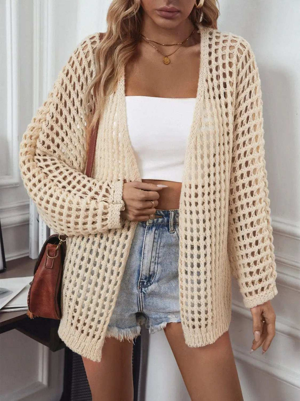 Openwork Open Front Long Sleeve Cardigan - Trendsi - Flyclothing LLC