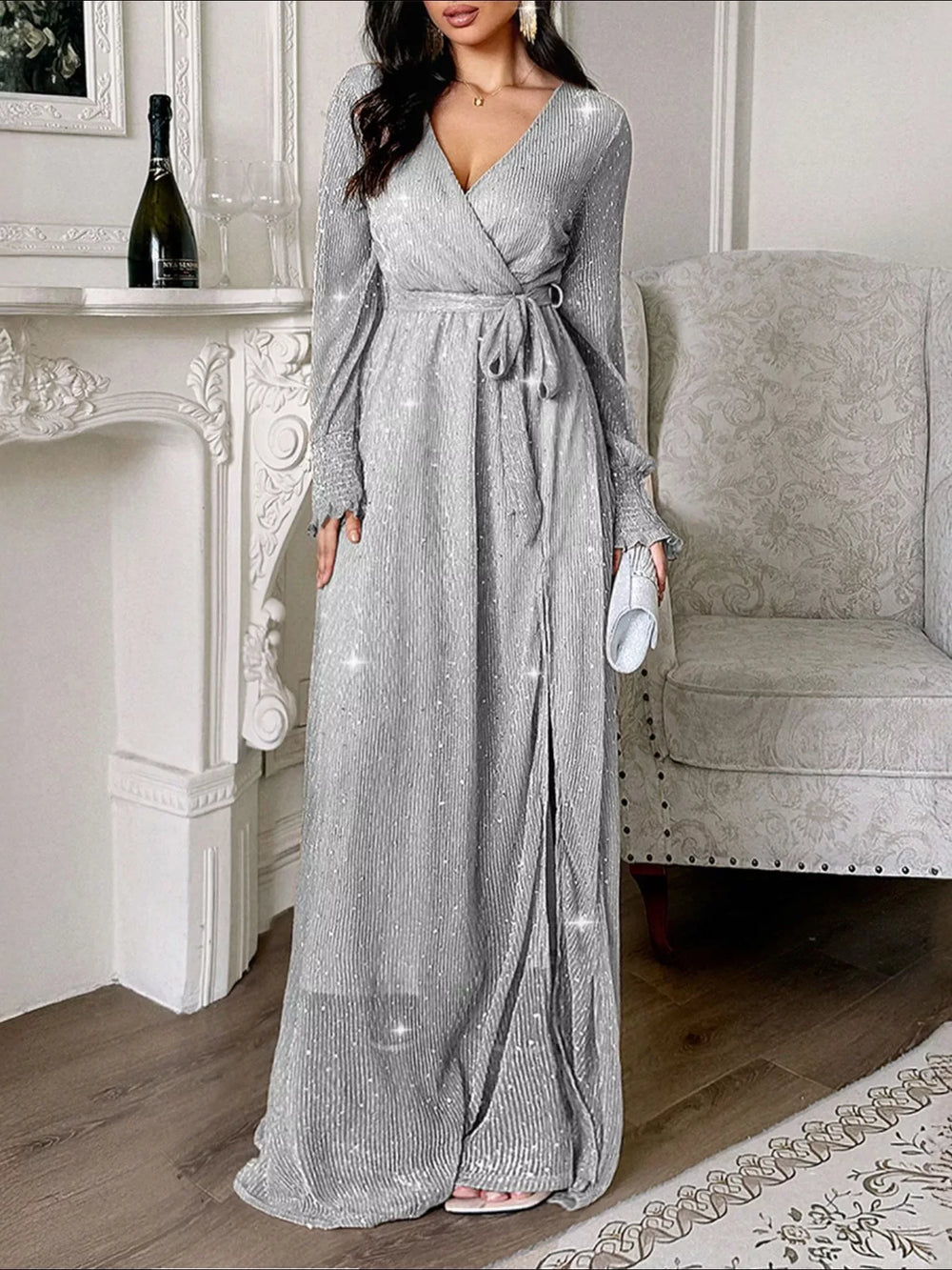 Glittering Surplice Long Sleeve Slit Maxi Dress - Trendsi - Flyclothing LLC