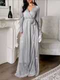 Glittering Surplice Long Sleeve Slit Maxi Dress - Trendsi - Flyclothing LLC