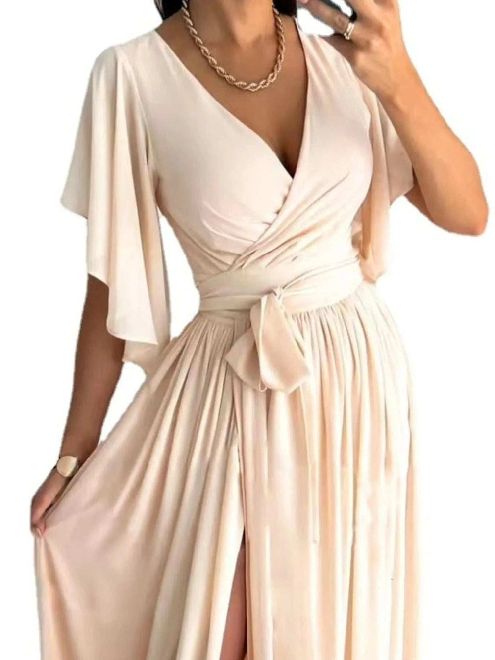 Flutter Sleeve Surplice Tie Waist Dress - Trendsi - Flyclothing LLC