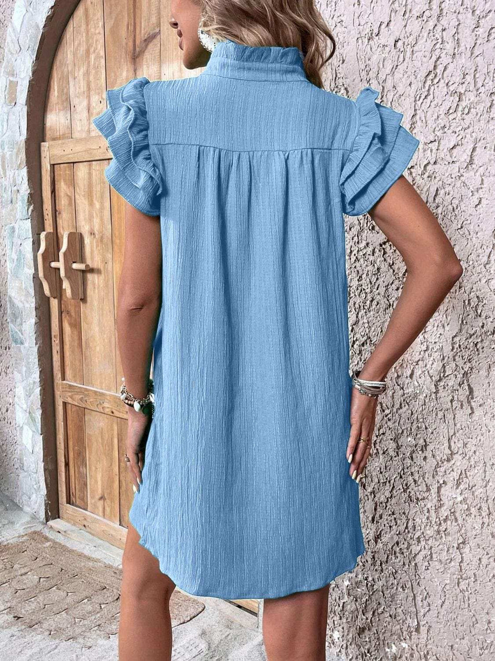Ruffled Notched Cap Sleeve Mini Dress - Trendsi - Flyclothing LLC