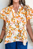 Ruffled Notched Short Sleeve Floral Blouse - Trendsi - Flyclothing LLC