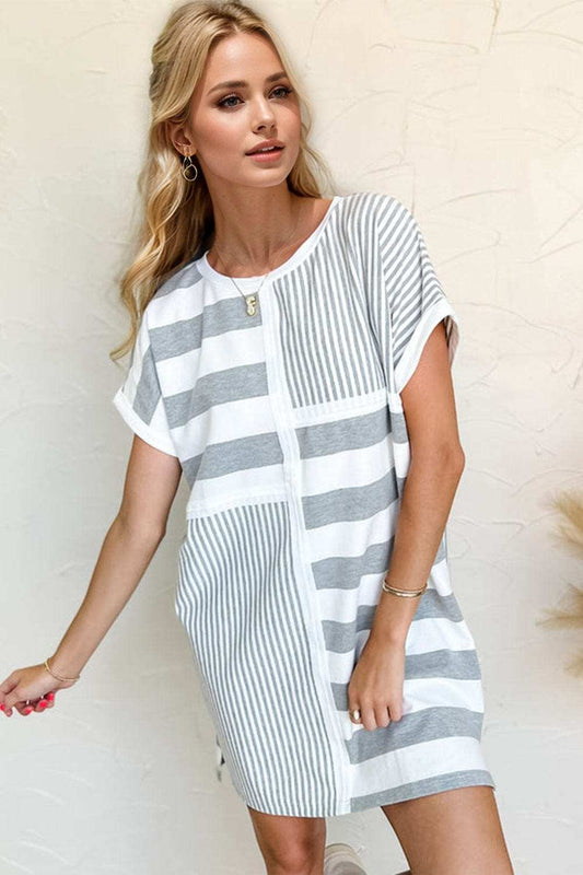 Oh Full Size Striped Round Neck Short Sleeve Mini Tee Dress - Trendsi - Flyclothing LLC