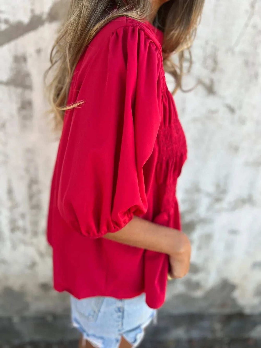 Full Size Smocked Puff Sleeve Blouse Plus Size - Trendsi - Flyclothing LLC