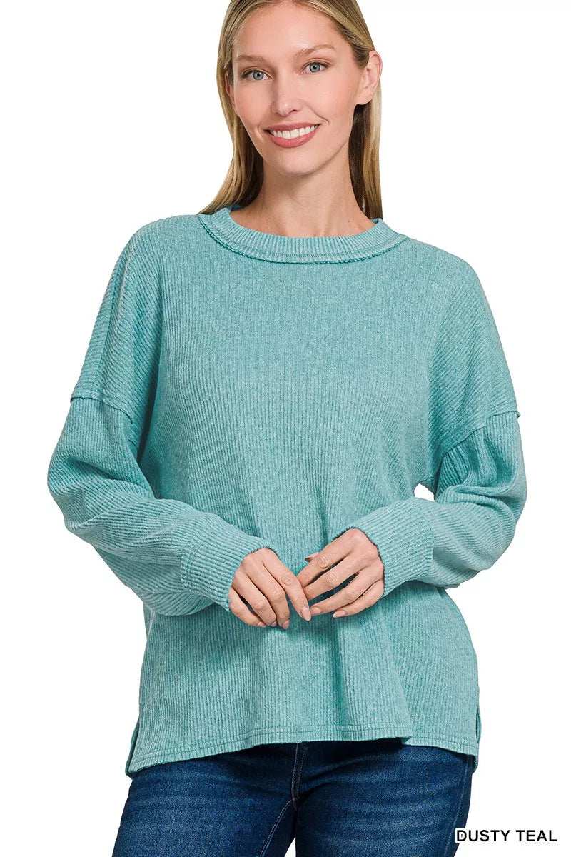 Zenana Brushed Ribbed Hacci Drop Shoulder Sweater - Trendsi - Flyclothing LLC