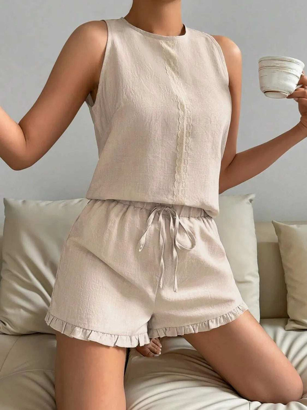 Lace Detail Round Neck Tank and Shorts Set - Trendsi - Flyclothing LLC
