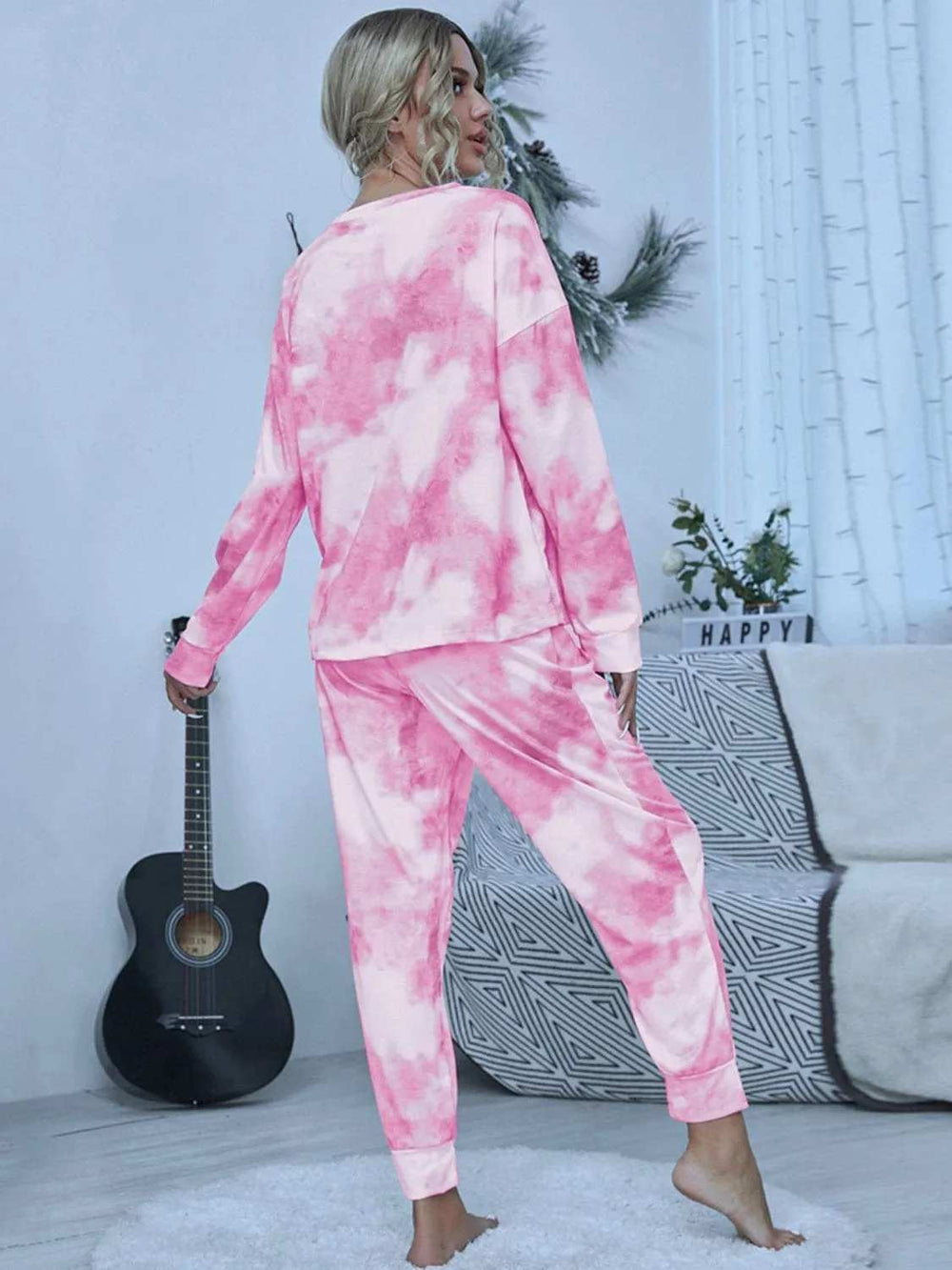 Tie-Dye Round Neck Top and Pants Lounge Set - Trendsi - Flyclothing LLC
