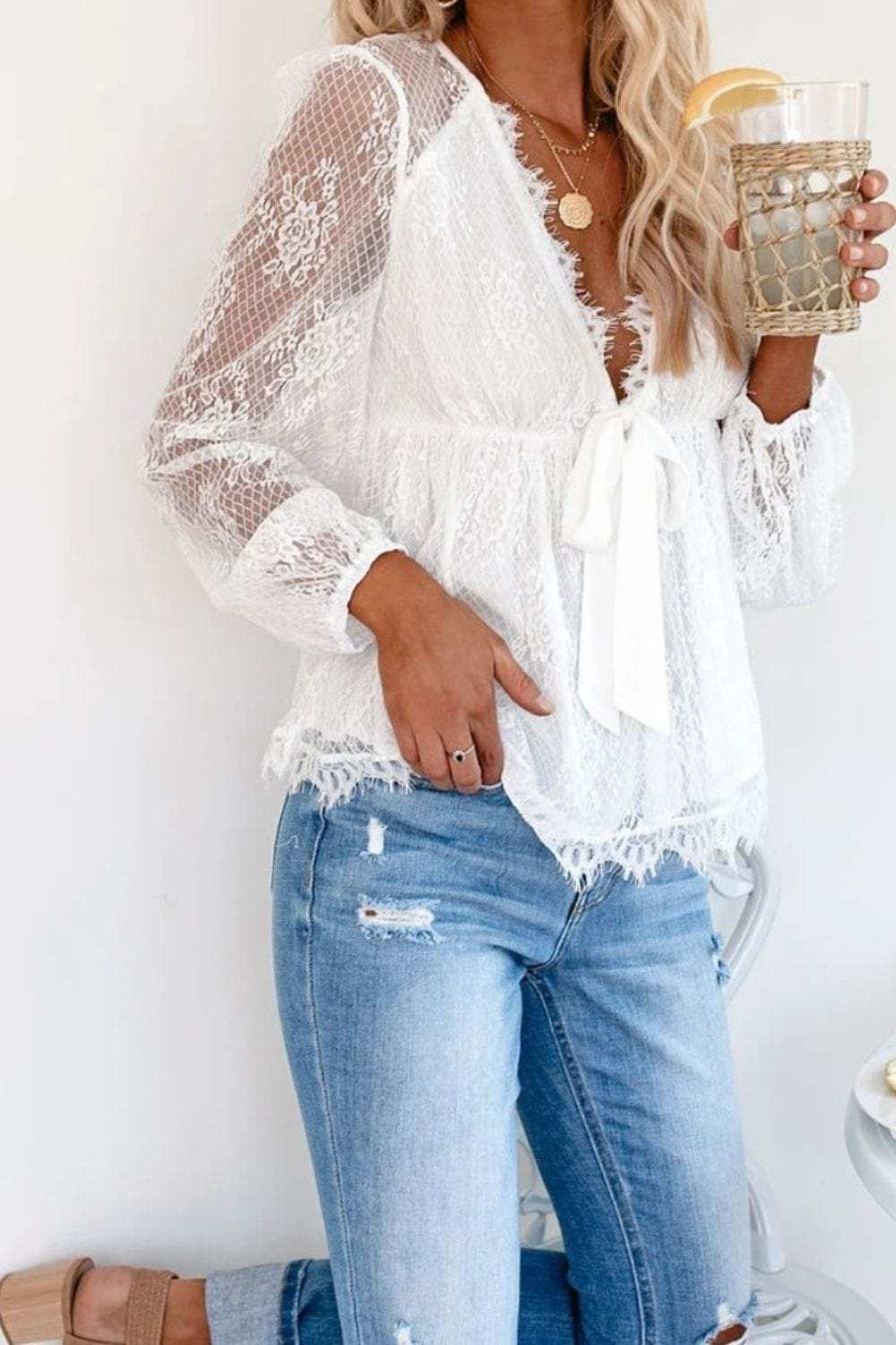 Lace Detail Plunge Long Sleeve Blouse - Trendsi - Flyclothing LLC
